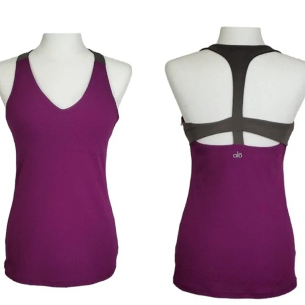 ALO Yoga Two Toned Racerback Cut Out Tank in Plum Purple and Grey XS